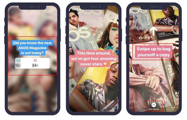 3 mobile screens displaying Instagram Stories. Screen 1: "Did you know that the new ASOS Magazine is out today? Screen 2: This time around, we've got 4 amazing cover stars (star emoji). Screen 3: Swipe up to bag yourself a copy (Swipe up icon). 