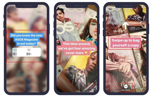 3 mobile screens displaying Instagram Stories. Screen 1: "Did you know that the new ASOS Magazine is out today? Screen 2: This time around, we've got 4 amazing cover stars (star emoji). Screen 3: Swipe up to bag yourself a copy (Swipe up icon).