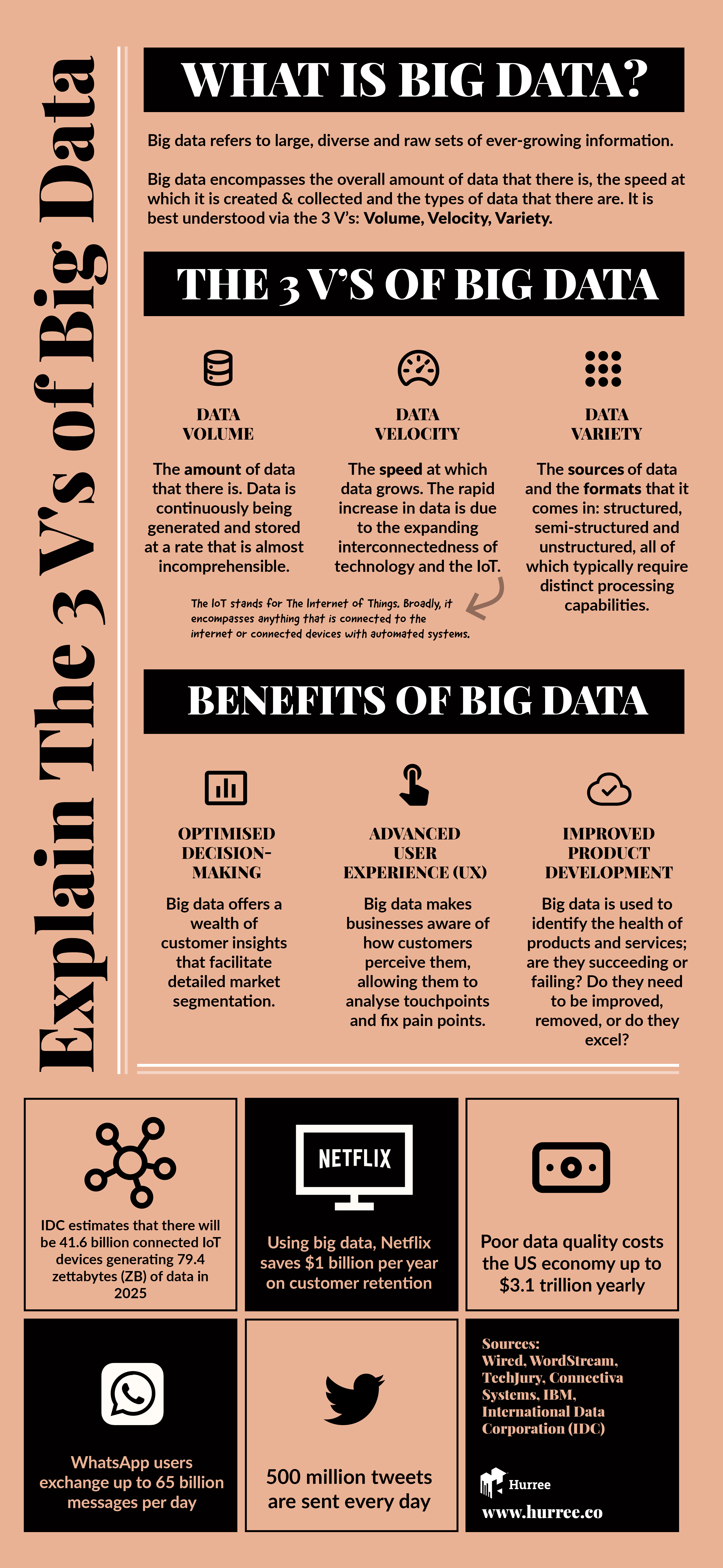 Infographic what are the 3 V's of big data? Explain the 3 V's of big data: data Volume, Data Velocity, Data Variety. Benefits of big data. Hurree - The Segmentation Platform