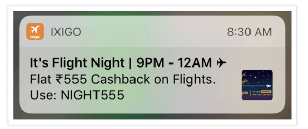 Push notification from IXIGO informing users of a sale on flights  from 9PM to 12AM.