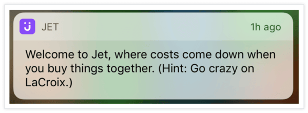 Jet app's Welcoming push notification to new users.