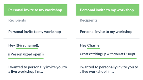 Email showing personalisation name tags reading: Hey   I wanted to personally invite you to a live workshop I'm...