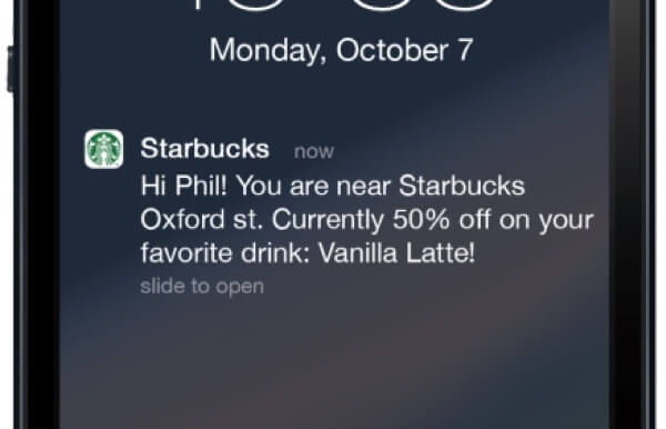Geo-located push notification from Starbucks notifying Phil of a nearby store.