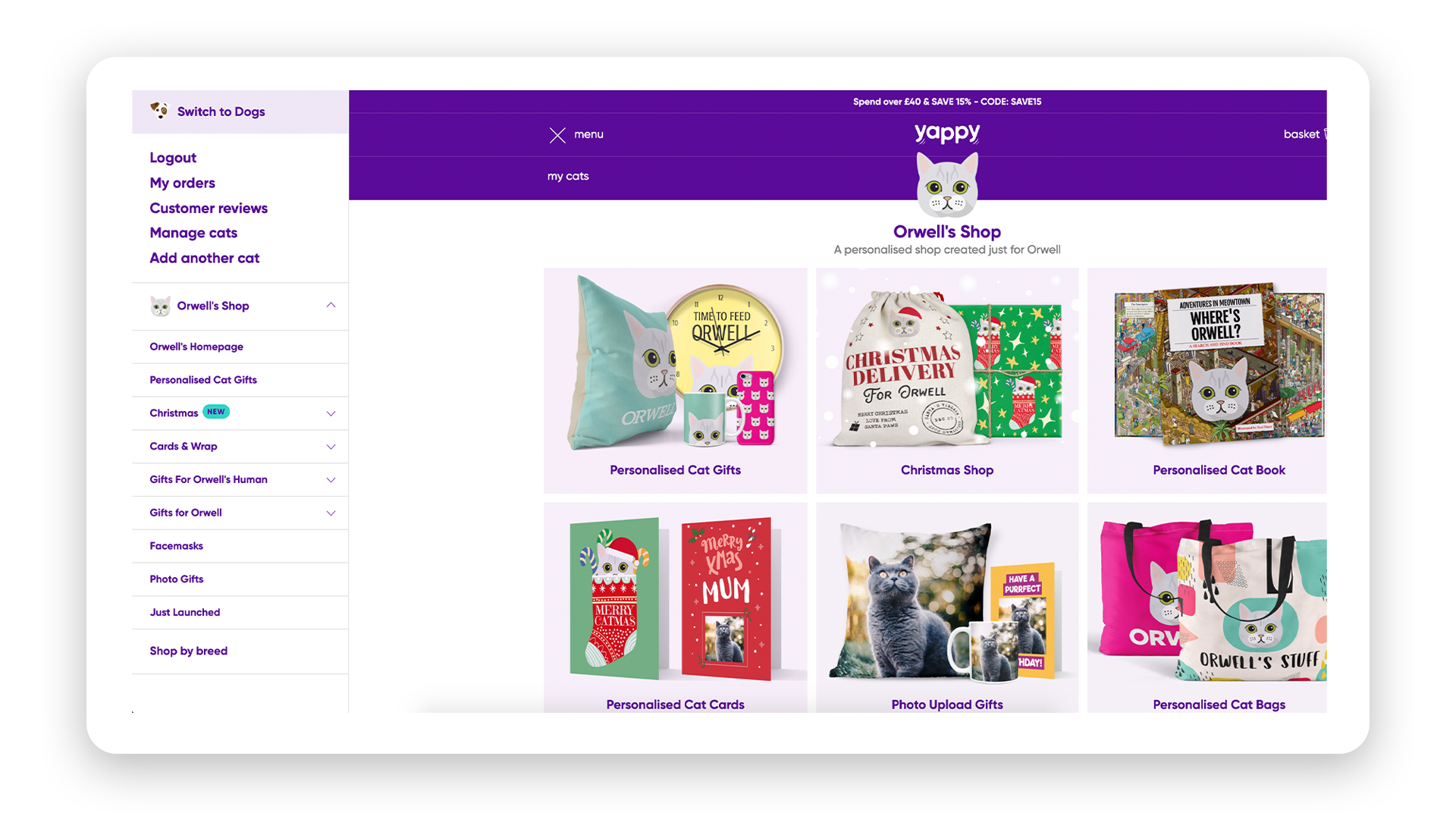 Screenshot of the Yappy online shop including Personalised cat gifts (cushions, cups, clocks, cards, bags)