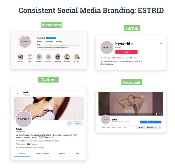 Consistent Social Media Branding: ESTRID - Screenshots from the brand's social media channels on Instagram, TikTok, Twitter, Facebook. 
