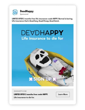 Hurree. Brand Voice. Humor. Dead Happy Facebook Advert. Lekceważący Humor.