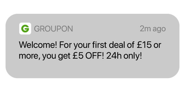 Onboarding push notification example: Groupon. £5 off, 24 hours only! Hurree.