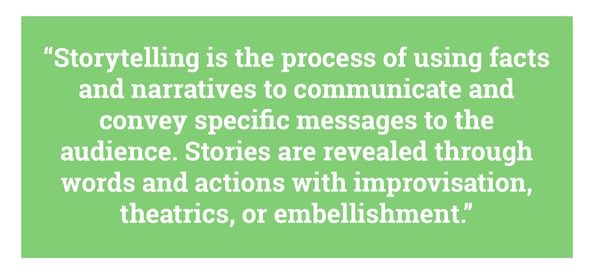 "Storytelling is the process of using facets and narratives to communicate and convey specific messages to the audience. Stories are revealed through words and actions  with improvisation, theatrics, or embellishment" Source: SocialPilot